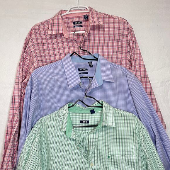 IZOD Button Down Shirt Set of 3 Mens Large Blue Green Pink Plaid Long Sleeve - Picture 1 of 14